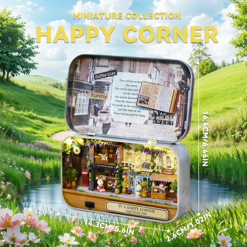 Flever Happy Corner Dollhouse Miniature DIY House Kit with Furniture and Cover for Romantic Valentine's Gift