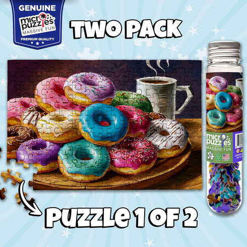 MicroPuzzles “Coffee & Donuts” 2-Pack - Mini Puzzles for Adults, 150 Piece Small Puzzles for Adults and Teens - 4” x 6” Inch, Compact and Challenging Portable Jigsaw Puzzles for Travel and Relaxation