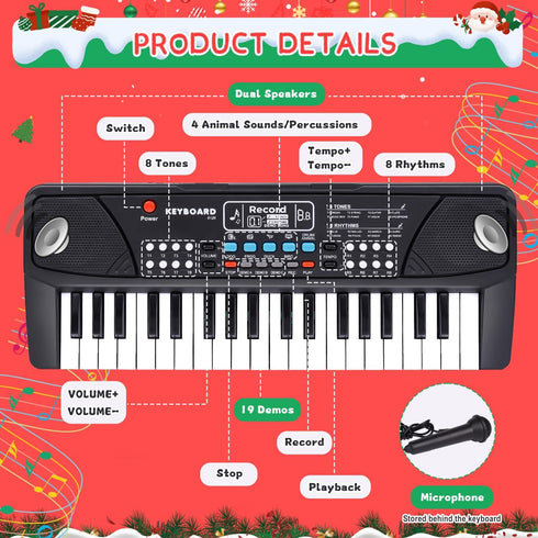 37 3 4 5 6 M SANMERSEN Upgraded Kids Piano Keyboard Keys with Microphone, Music Toys Birthday Gifts for Year Old Boys