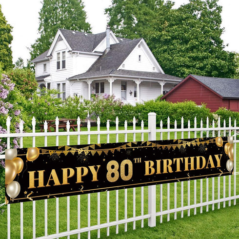 Large Black and Gold Happy 80th Birthday Decoration Banner, 80th Birthday Party Supplies (9.8x1.6ft)