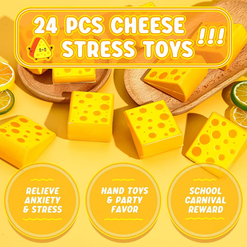 Libima 24 Pcs Cheese Stress Toys Bulk Fake Cheese Party Favors Foam Squeeze Stretchy Food Stress Ball Miniature Block