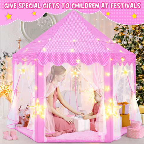 Pink Princess Tent for Girls - Kids Play Tent with LED Star Lights, Castle Playhouse for Indoor Outdoor Games, 55×53