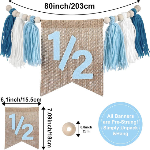 1/2 6 Birthday Boy Half Birthday Decorations High Chair Banner, Month Girl Tassel Wood Bead Highchair Garland Blue