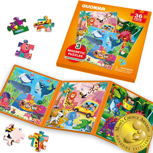 QUOKKA 36 Pieces Magnetic Puzzles for Toddlers 3-5 - Travel Games for Kids Ages 2-4, Animal Car Activities