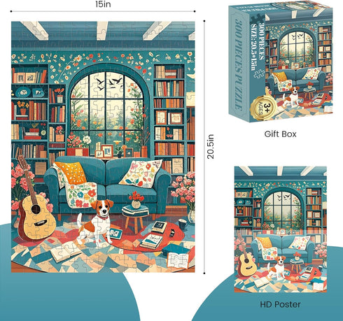 Amusding 300 Cozy 300 20.515 Piece Puzzle for Adults, Afternoon Jigsaw Puzzles, Vintage Living Room with Dog and Books