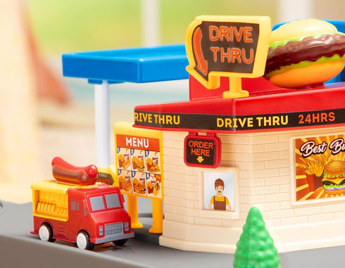 Driven by Battat Gas Station & Drive-Thru Restaurant Playset - 5-Piece Toy Car Accessories for Kids, 3 Years +