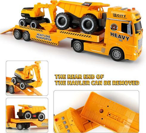 Toys,25.6" 3 4 5 6+ Dwi Dowellin Construction Carrier Truck Kids Semi-Trailer Toy with Excavator and Dump Truck,Gifts