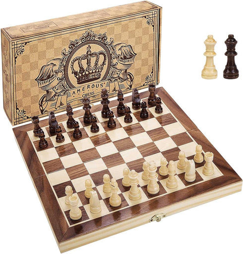 AMEROUS 12" x 12" Magnetic Wooden Chess Set - Kids Age 6+, 2 Bonus Extra Queens, Folding Board with Storage Slots
