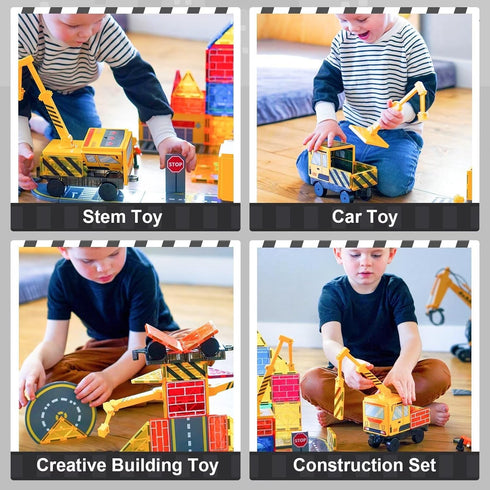 Magnetic Tiles Construction Toys with Crane, Road Pieces, Truck Magnetic Blocks for Kids Ages 3-8, STEM Building