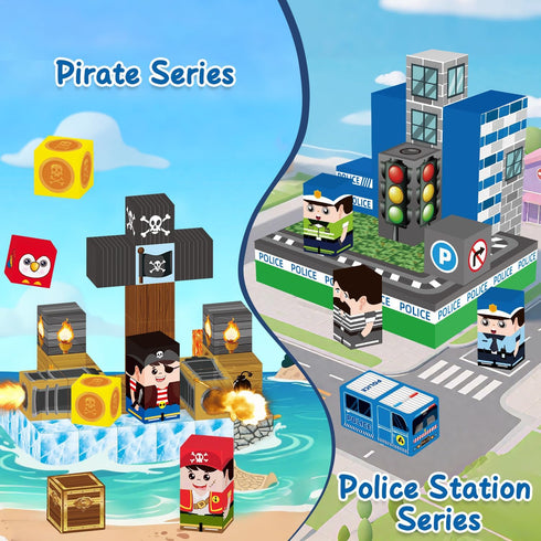 100 Set, Playset PCS Kids Magnetic Building Blocks, Police Station and Pirate Ship Theme, Educational Construction Toy