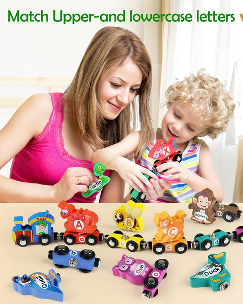 Set Set 3-5 Vanmor Wooden Train for Toddlers - Snap-Connection Animal Trains, Magnetic Alphabet Train Learning Toys
