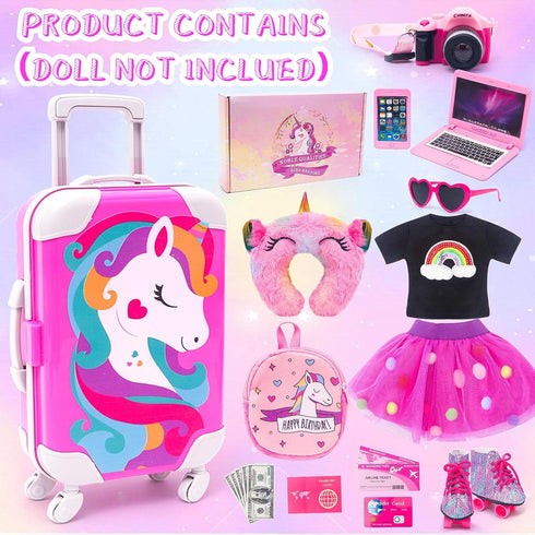 18 Inch Set Set HAPGFS American Doll Accessories Travel Including Suitcase Luggage and Dress, Camera Computer Phone