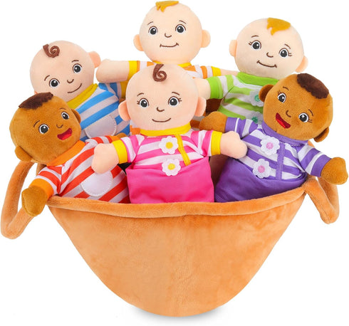 8" 6 Set Basket of Babies Plush Dolls, Plush Diversity Baby Dolls- Piece Interchangeable Clothes Stuffed Plush Figures