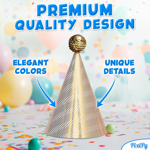 PixiPy Birthday Party Hats for Kids, 12 pc Colorful Cone-Shaped 7 inch Celebration Headwear Supplies