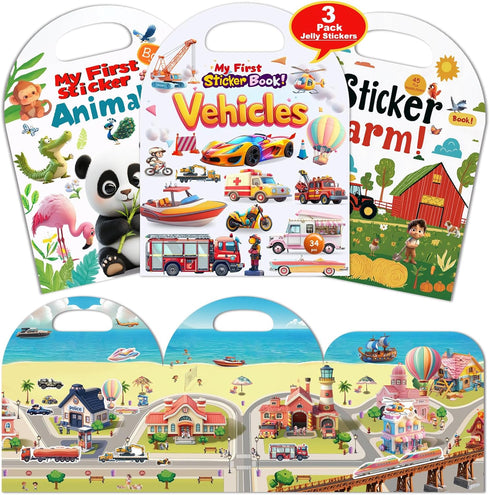 HitGoo 3-Pack Reusable Sticker Books for Toddlers 2-4 Years, Vehicles Truck, Animals &
