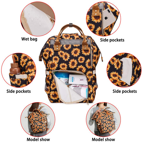 Backpack, Sunflower Diaper Bag Womens Large Waterproof Maternity Baby Nappy Bags