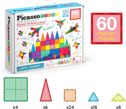 60 Set 60pcs 3D PicassoTiles Piece Magnet Building Tiles Clear Magnetic Blocks Construction Playboards - Creativity