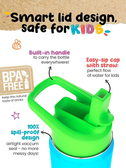 Kids Water Bottle - 12oz Orange | Leak Proof with Straw & Handle | Insulated, Double Wall Stainless Steel Flask