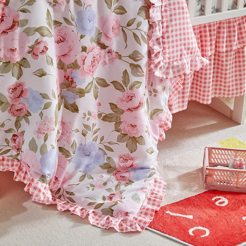 3 Set Pieces Flowers Crib Bedding Baby Ruffled Quilted Comforter with Fitted Sheet and Bed Skirt - Cute Ruffled Shabby