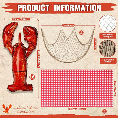 Silipull 24pcs Crab Boil Party Supplies Includes Crab Balloons Red and White Checked Tablecloth Fish Net Decorative