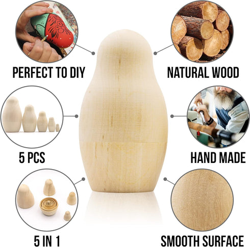 AEVVV Blank Russian Nesting Dolls Set - 5 pcs Unpainted Dolls for DIY Gift & Painting