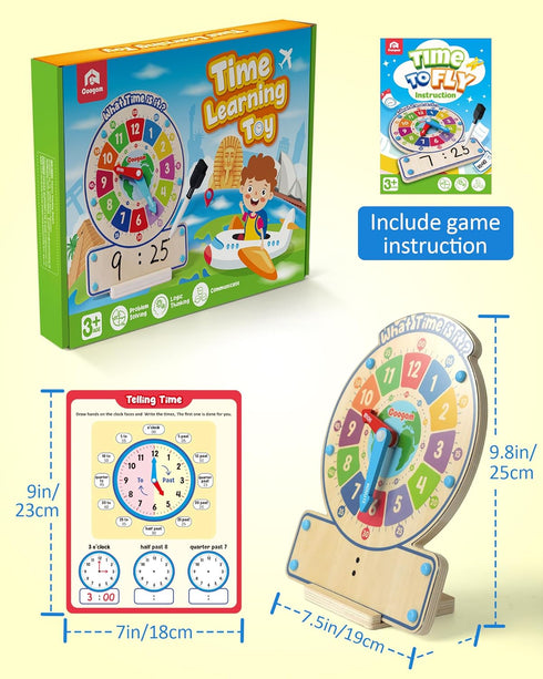 3 4 5 Coogam Wooden Clock Teaching Time Toy, Analog Digital Clock with Fly-Telling Time Board Game, Montessori Time