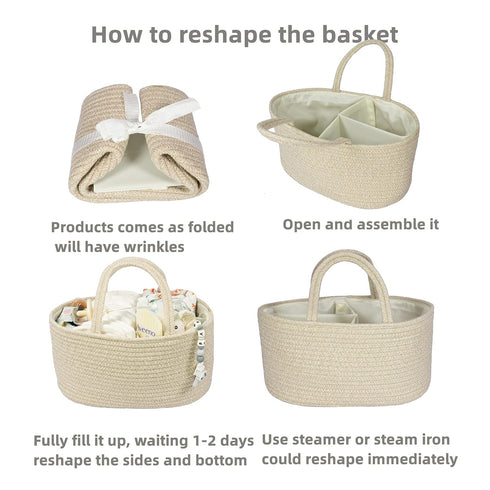 Baby Diaper Caddy Organizer for Girl Boy Cotton Rope Nursery Storage Bin Basket Portable Holder Tote Bag for Changing