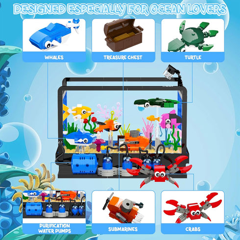 Tenhorses Fish Tank Building Block Set, Lighting Aquarium Sets with Marine Life, Submarine, and Treasure Chest
