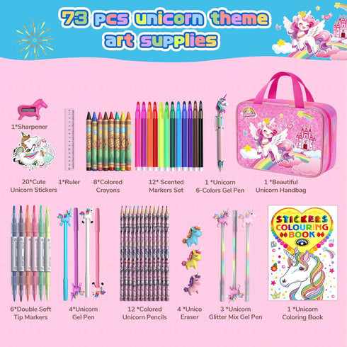 DreamyCandy 73PCS Set 4-6-8,Kids Unicorn Washable Markers with Glitter Pencil Case, Art Supplies and Craft for Girls