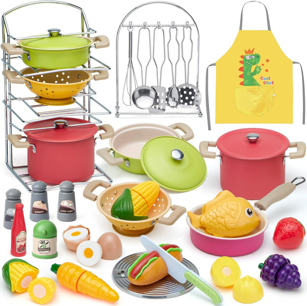 Golray Play Kitchen Accessories, Pretend Cooking Playset for Kids with Pots and