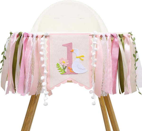 LINLULU One Funny Goose High Chair Banner for Girls - Goose 1st Birthday