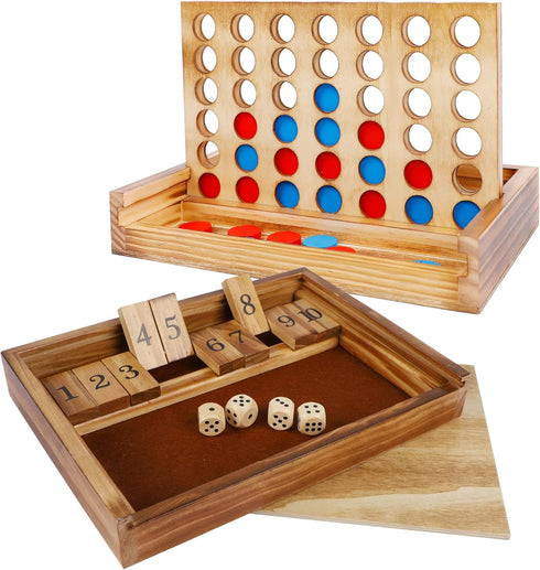 Glintoper Classic Wood Shut The Box & 4 in a Row Tables Game Set, Rustic Coffee Table Decor for Kids Family