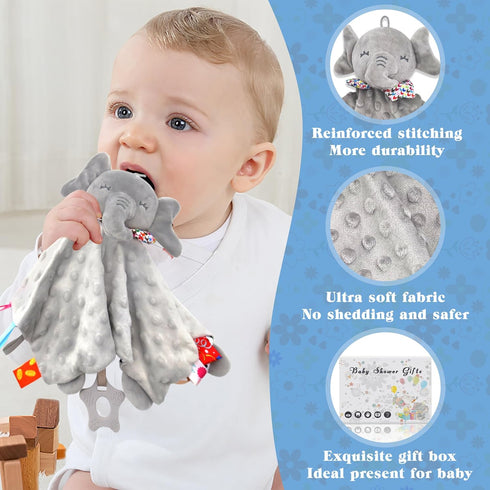 2-Pack Elephant Loveys for Babies, Soft Security Tag Blankets for Boys and Girls, Christmas Baby Gifts