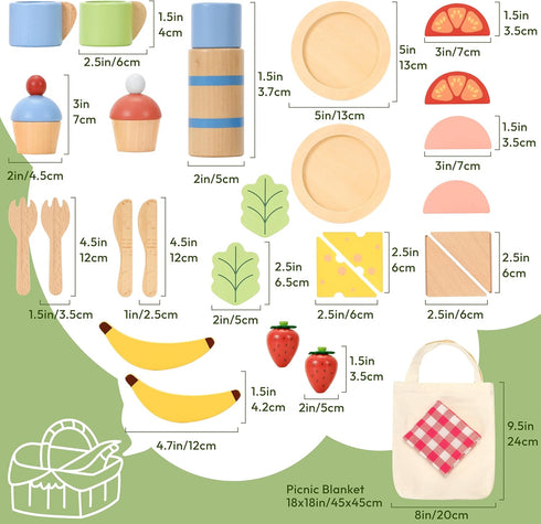 Set 30-Piece 3+ Pillowhale Wooden Play Food for Kids, Pretend Picnic Toy with Sandwiches, Fruits, Cups, Plates