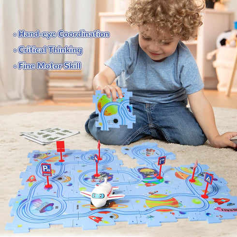 Plastic Floor Puzzles for Kids with Airplane Toy Car, Educational Track Car Play Set for Ages 2-6