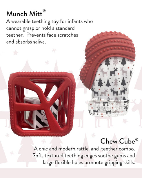 Pack: Malarkey Kids Holiday Gift Munch Mitt and Chew Cube Duo - Perfect Teething Treats for Babies and Toddlers - Red