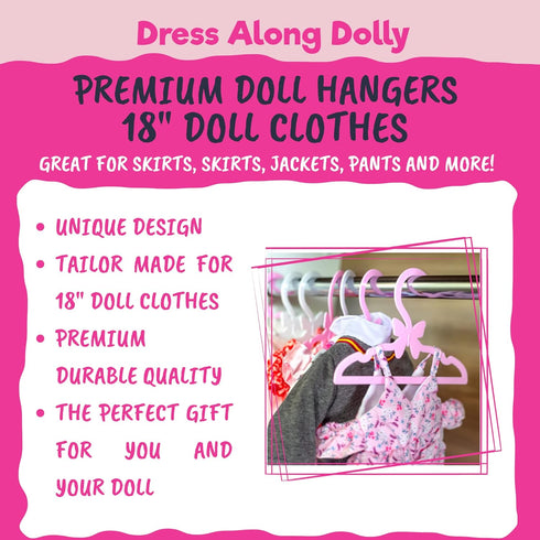 Doll Clothes Hangers for American 18" Girl Dolls - Set of 24 Unique Pink and White Butterfly Wardrobe Hangers- Holds Accessories, Sets, Shirts, Jackets, Pants, Dresses, Gifts for Girls Kids Birthday by Dress Along Dolly