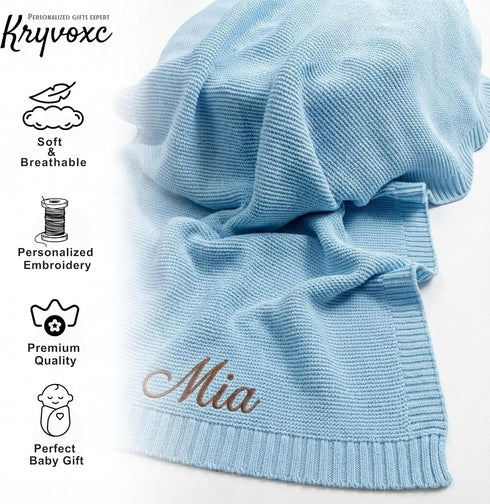 Kryvoxc Set, Personalized Baby Blanket with Name, Cotton Receiving Swaddle Blanket and Beanie Customized Baby Blankets