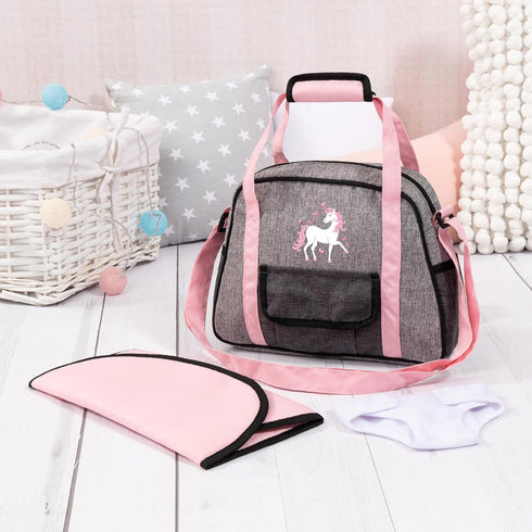 Bayer Design: Nursery Set - Doll Bag Set in Grey, Pink, Unicorn with Changing Mat & Diaper, Adjustable Shoulder Strap
