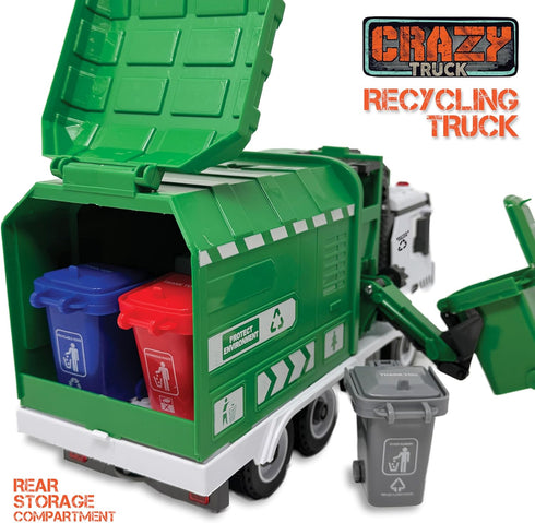1:16 4 40 Crazy Truck Scale Recycling Garbage Truck Toy with Lights & Sounds, Recycle Cans, Flash Cards, Tools DIY