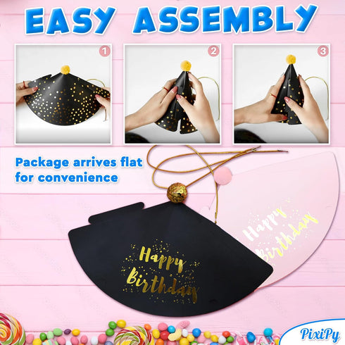PixiPy Birthday Party Hats for Kids, 12 pc Colorful Cone-Shaped 7 inch Celebration Headwear Supplies