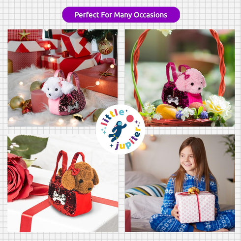 Little Jupiter Pet Plush Set with Purse, Reversible Sequins & Charm - Stuffed Animal Toy for Kids Ages 4-7 (White
