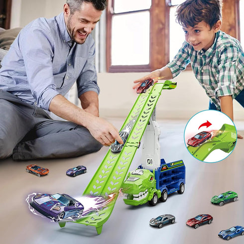 3, 4, 5, 6, 7, 8 6 Dinosaur Truck Car Toys for Years Old Kids, Carrier Truck Race Track Toys, Foldable Transport Car