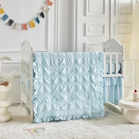 Set Ruffled Crib Bedding Baby Boho Quilted Comforter with Fitted Sheet and Bed Skirt - Cute Soft Breathable Seersucker