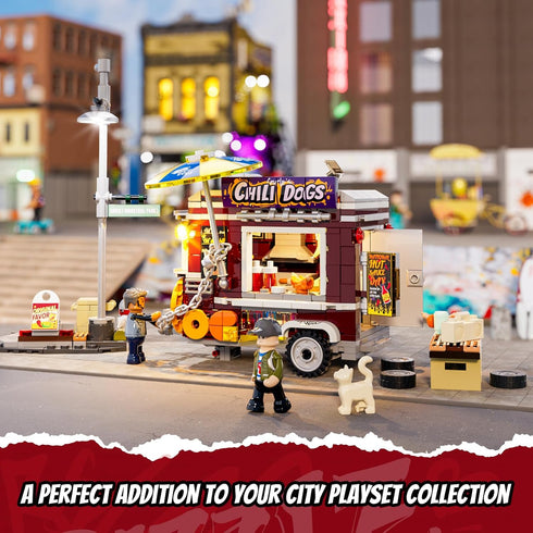 Set 515 FUNWHOLE Chili Dog Trailer Lighting Building Bricks - Street Fusion City Town Hot Food Truck with LED Light
