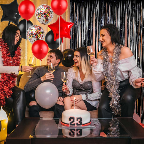 Red Black Birthday Party Decoration Kit - Happy Birthday Banner, Latex Balloons, Fringed Curtain, Confetti