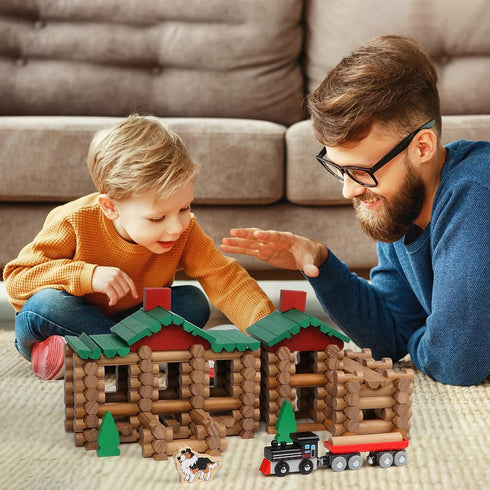 Wondertoys 208 Pcs Classic Wooden Log Set, Real Wood Building Logs for Ages 3+, Retro Gift Set for Boys