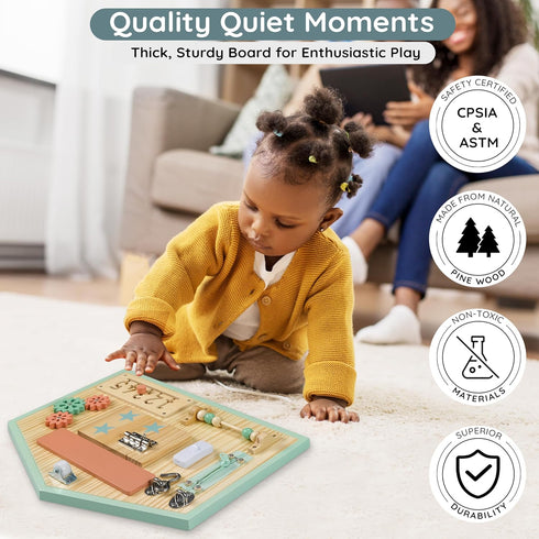 Montessori Busy Board for Toddlers - Personalized Sensory Toys with 11 Activities, Solid Wooden Activity Board