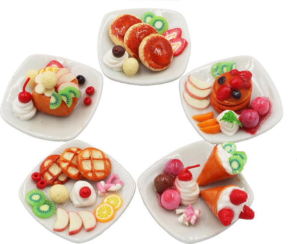 Miniature Dessert Plate Set 5 Assorted Handmade Clay Treats with Pancakes Waffles Ice Cream on 1-Inch Ceramic Plates