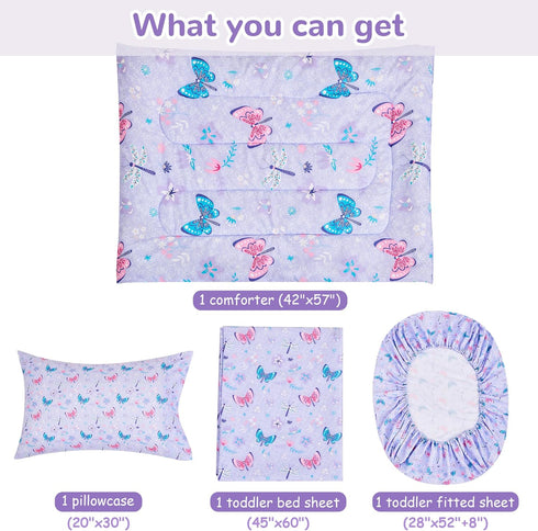 lasoftan Set 4 Sets, Set Set Butterfly Toddler Bedding for Girls, Piece Bed-in-a-Bag Toddler Comforter Super Soft